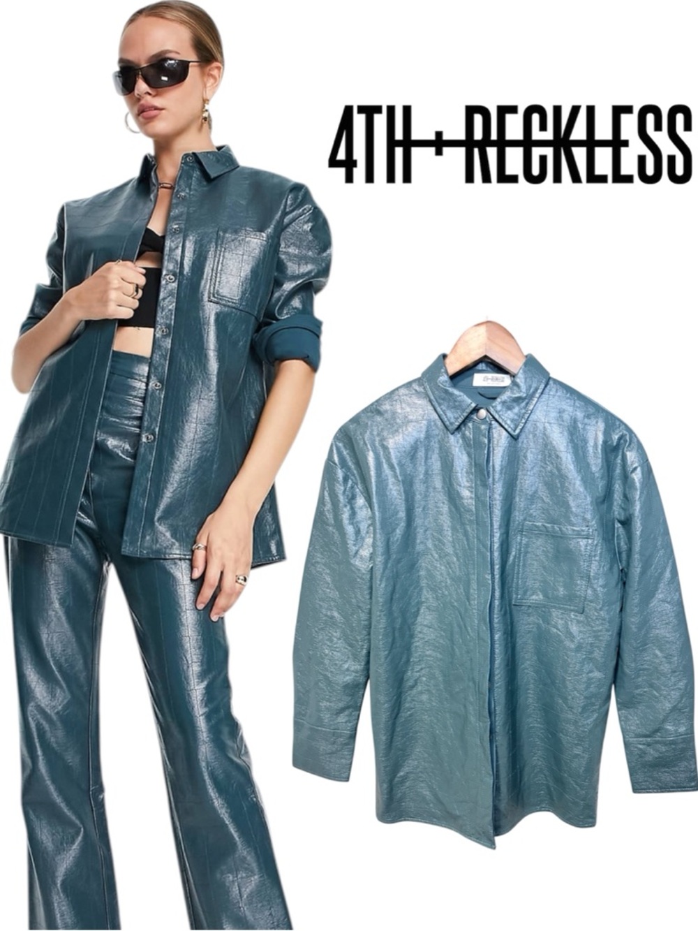 NWT 4th + Reckless Teal Vegan Leather Shirt Jacket Oversized Siza Small Womens